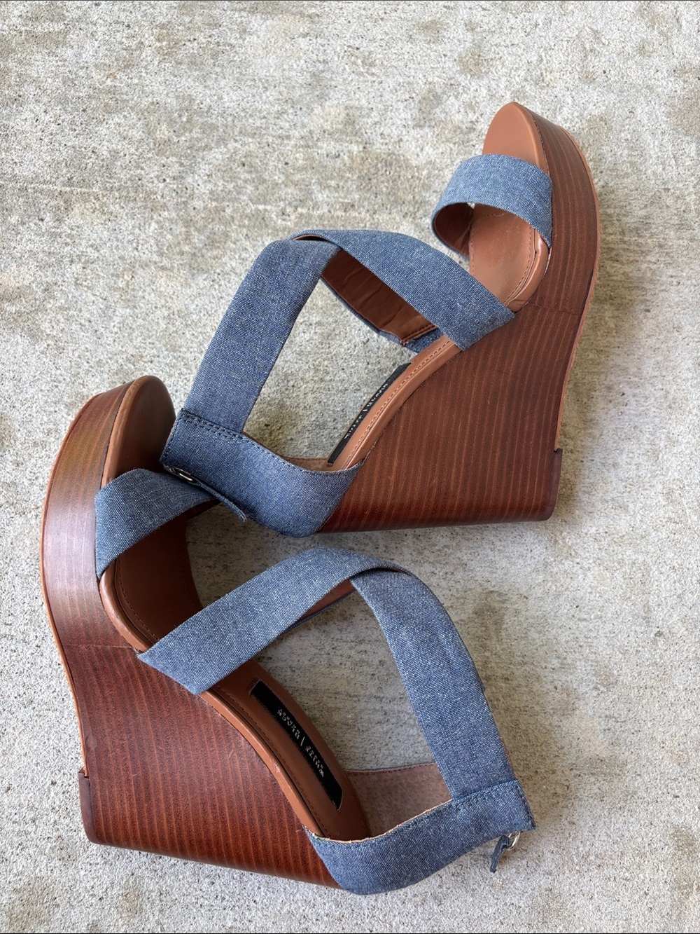 White House Black Market Chambray Crisscross Wedge Sandals - Blue and Brown - Picture 8 of 15
